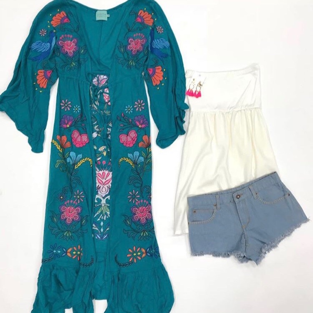 Judith March Jade Green Embroidered Duster EUC